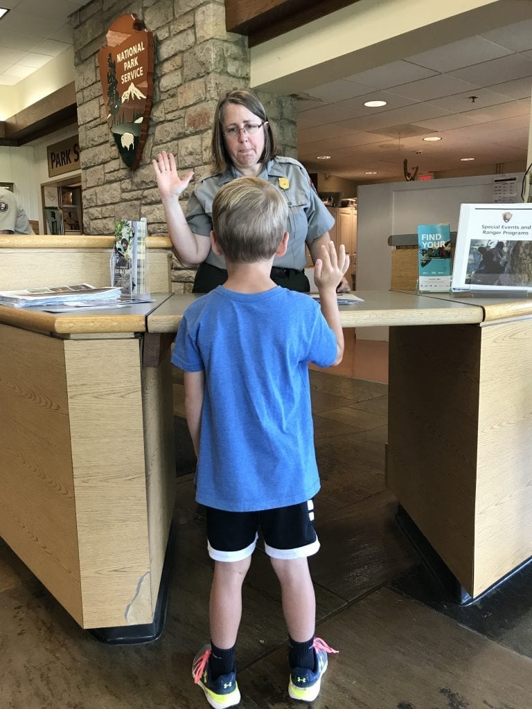 Wes is sworn in to be a junior ranger at Shenandoah NPS